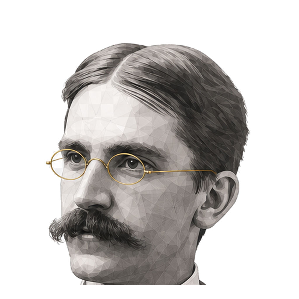 John Dewey in a three-quarter shaded warm-grey editorial portrait, wearing muted-gold round spectacles and holding one hand open in conversation.