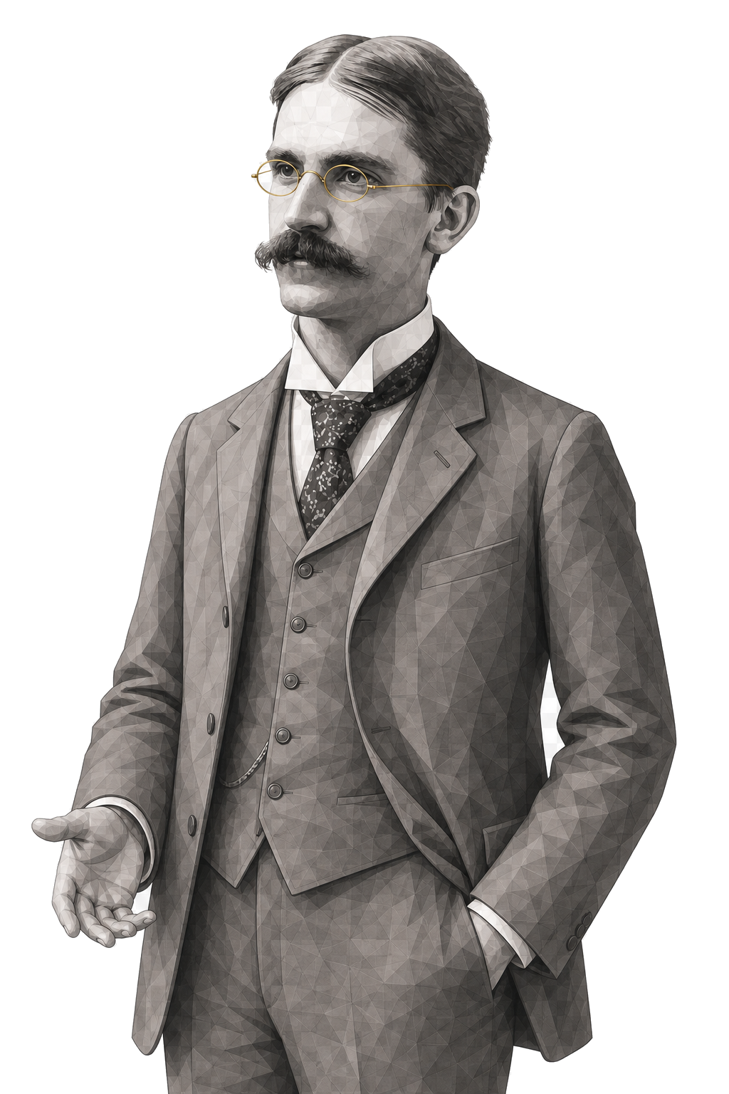 John Dewey in a three-quarter shaded warm-grey editorial portrait, wearing muted-gold round spectacles and holding one hand open in conversation.