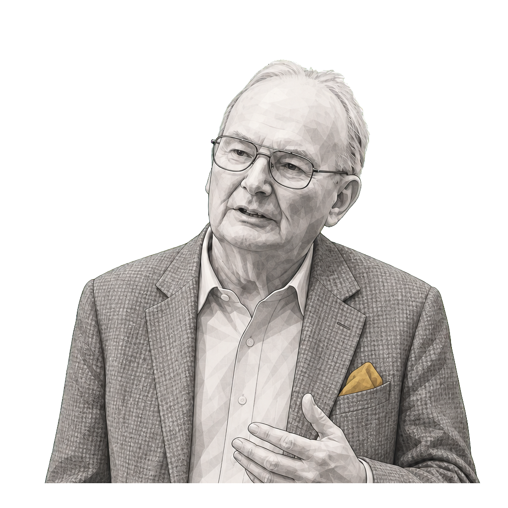 John Hick in a shaded warm-grey editorial portrait, speaking with one open hand and wearing a folded muted-gold pocket square.