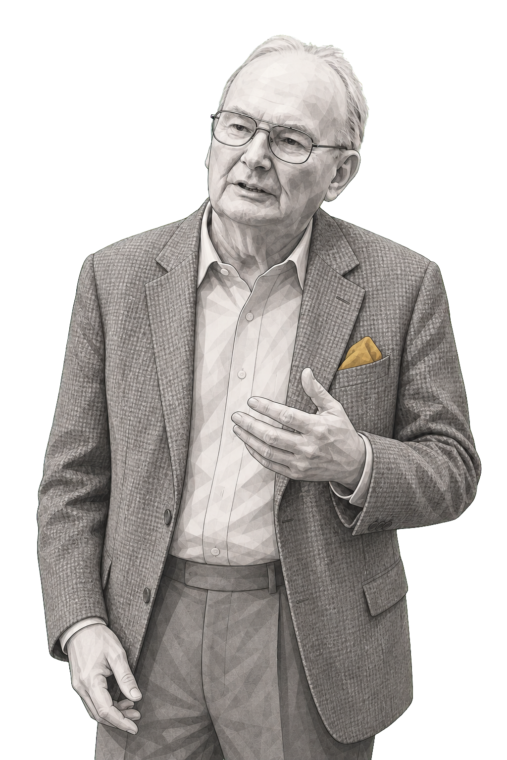 John Hick in a shaded warm-grey editorial portrait, speaking with one open hand and wearing a folded muted-gold pocket square.