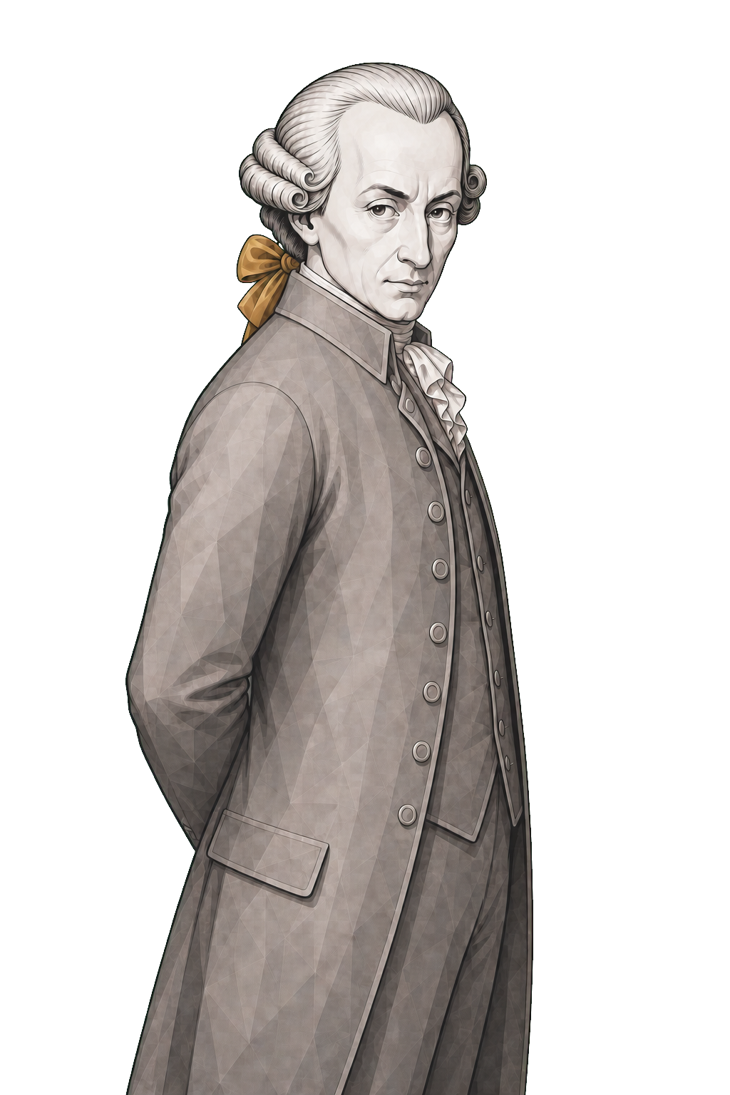 Kant in a shaded warm-grey editorial portrait, turning in a three-quarter pose with a muted-gold wig bow.