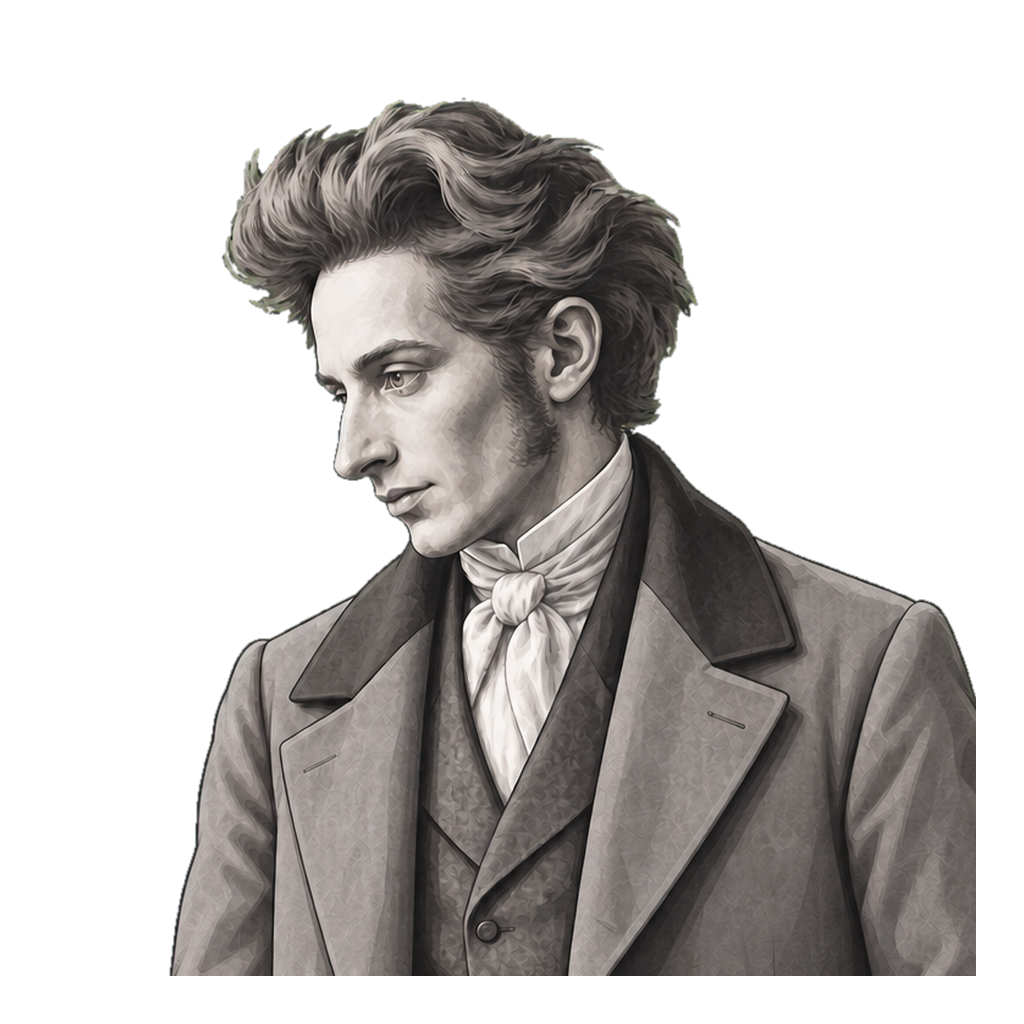 Soren Kierkegaard in a shaded warm-grey editorial portrait, walking with a cane whose curved handle is muted gold.