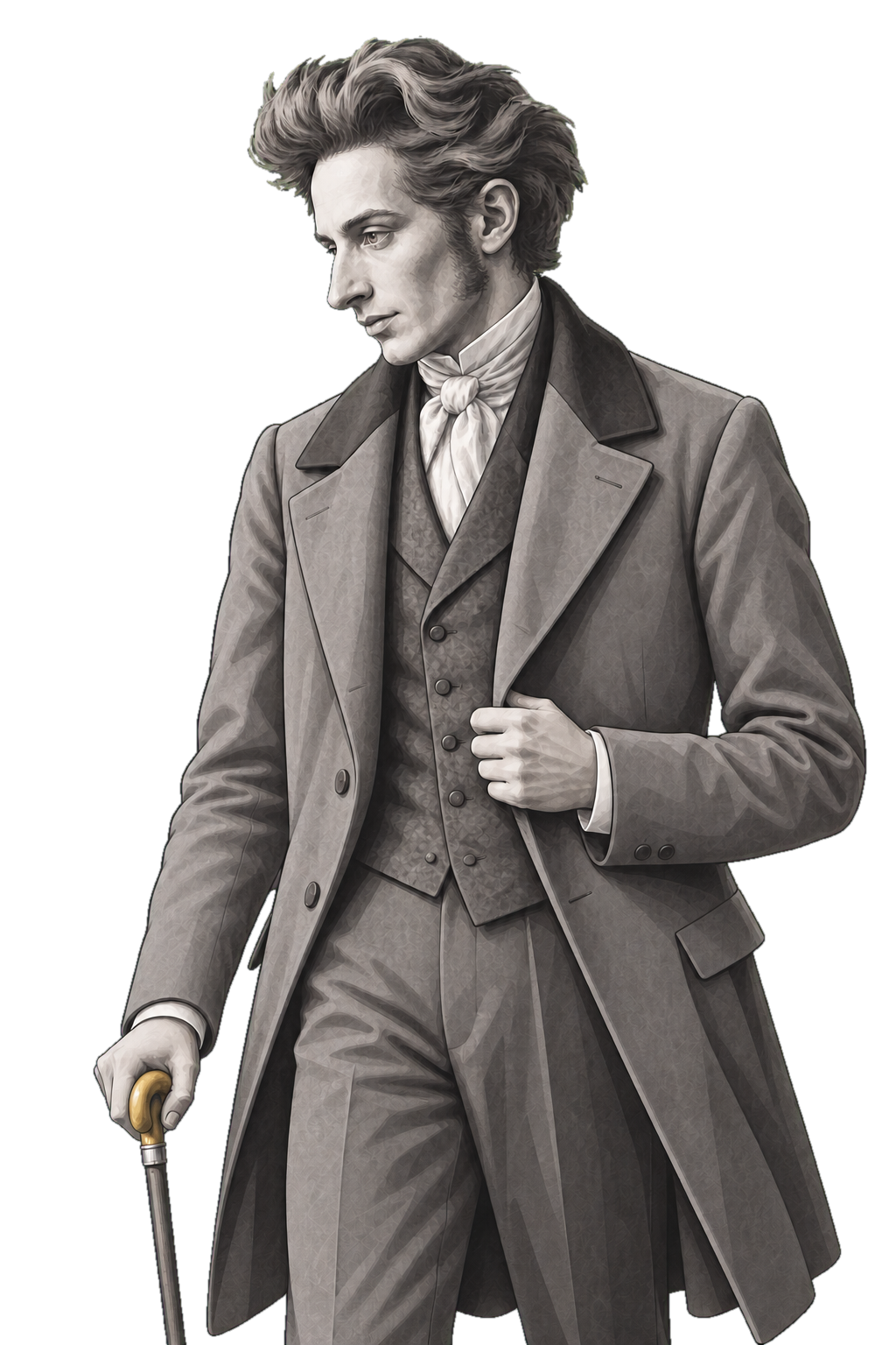 Soren Kierkegaard in a shaded warm-grey editorial portrait, walking with a cane whose curved handle is muted gold.