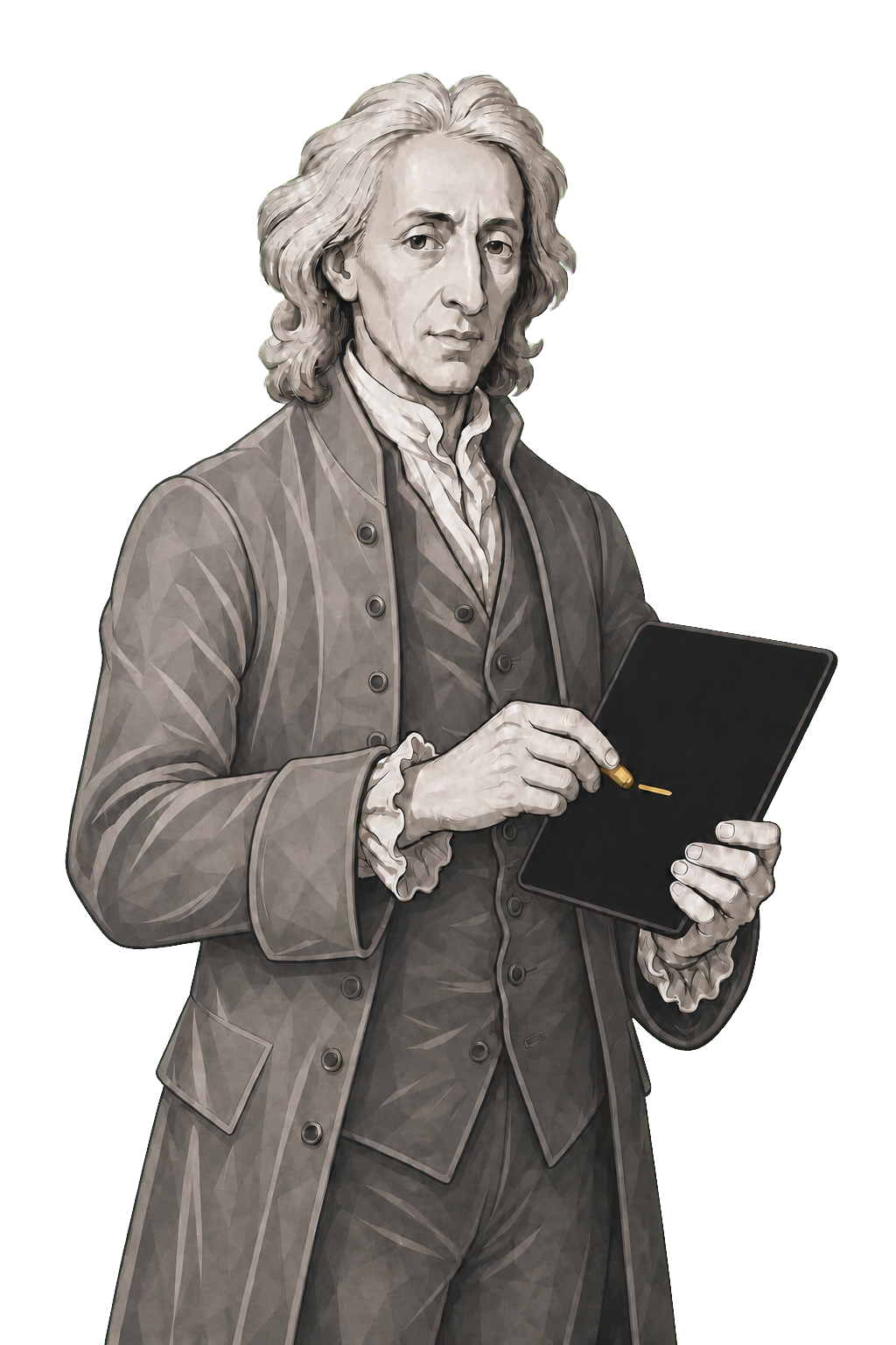 Locke in a shaded warm-grey editorial portrait, making the first mark on a blank slate with a small gold piece of chalk.