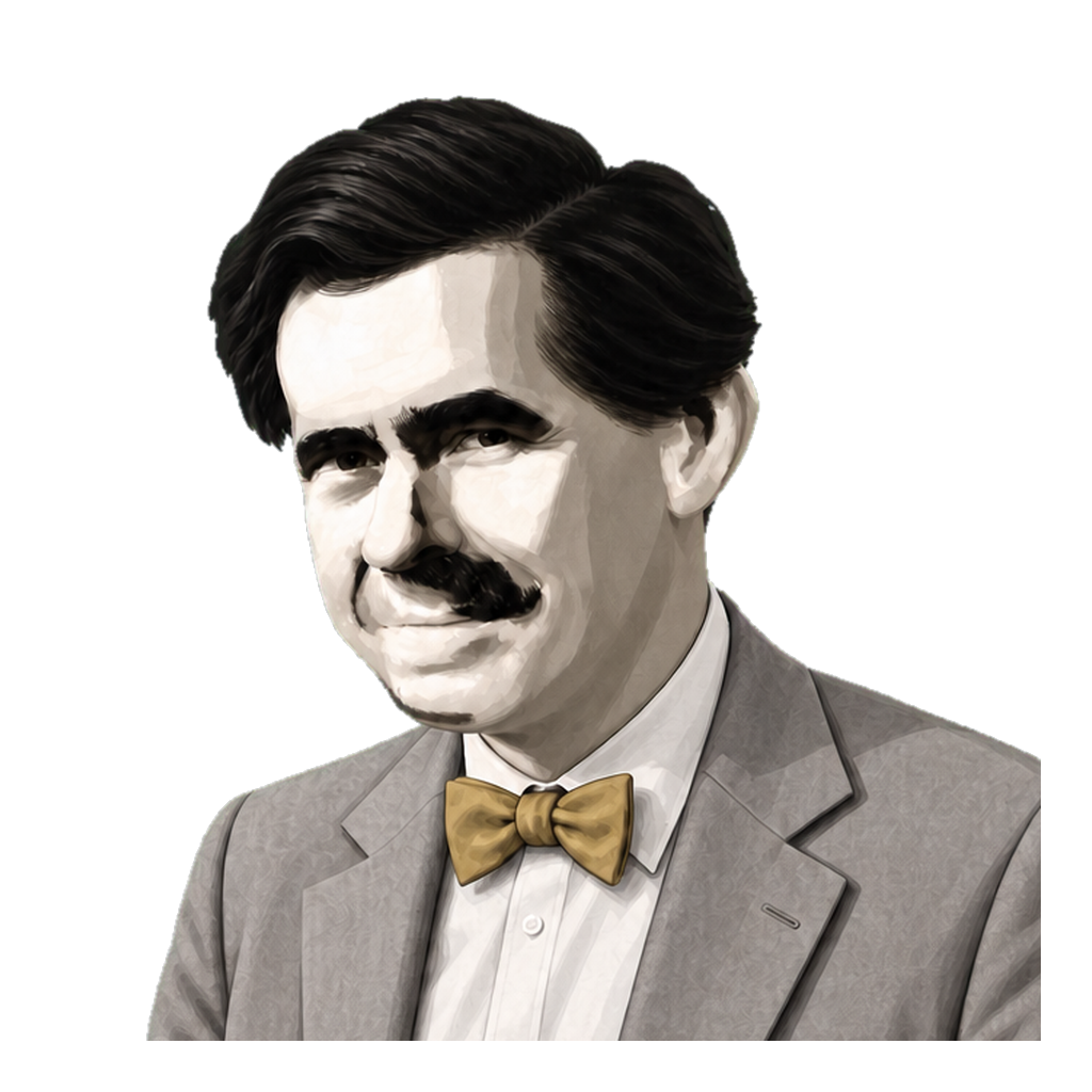 Mackie in a shaded warm-grey editorial portrait, turning one palm upward beneath a compact muted-gold bow tie.