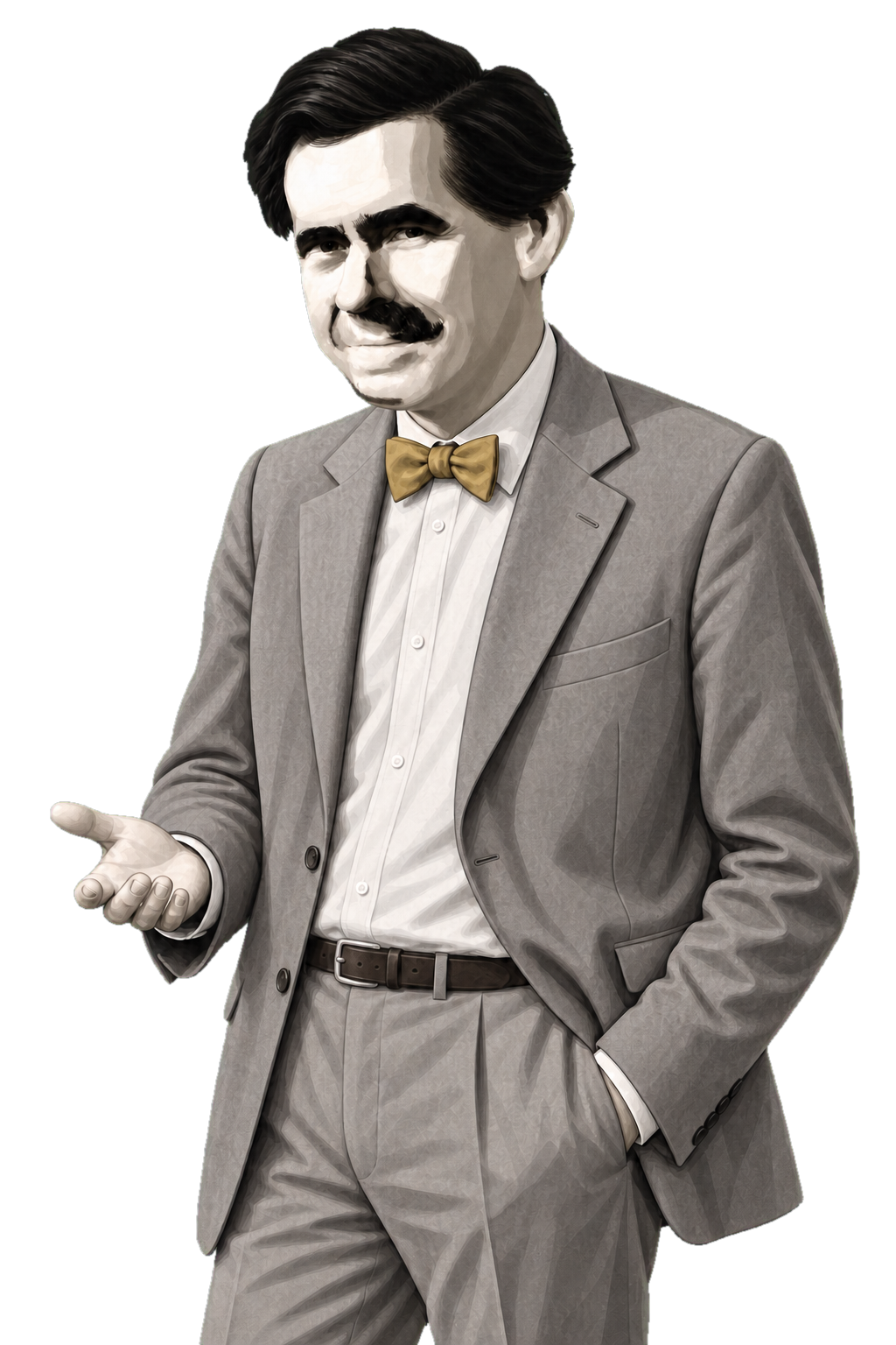 Mackie in a shaded warm-grey editorial portrait, turning one palm upward beneath a compact muted-gold bow tie.