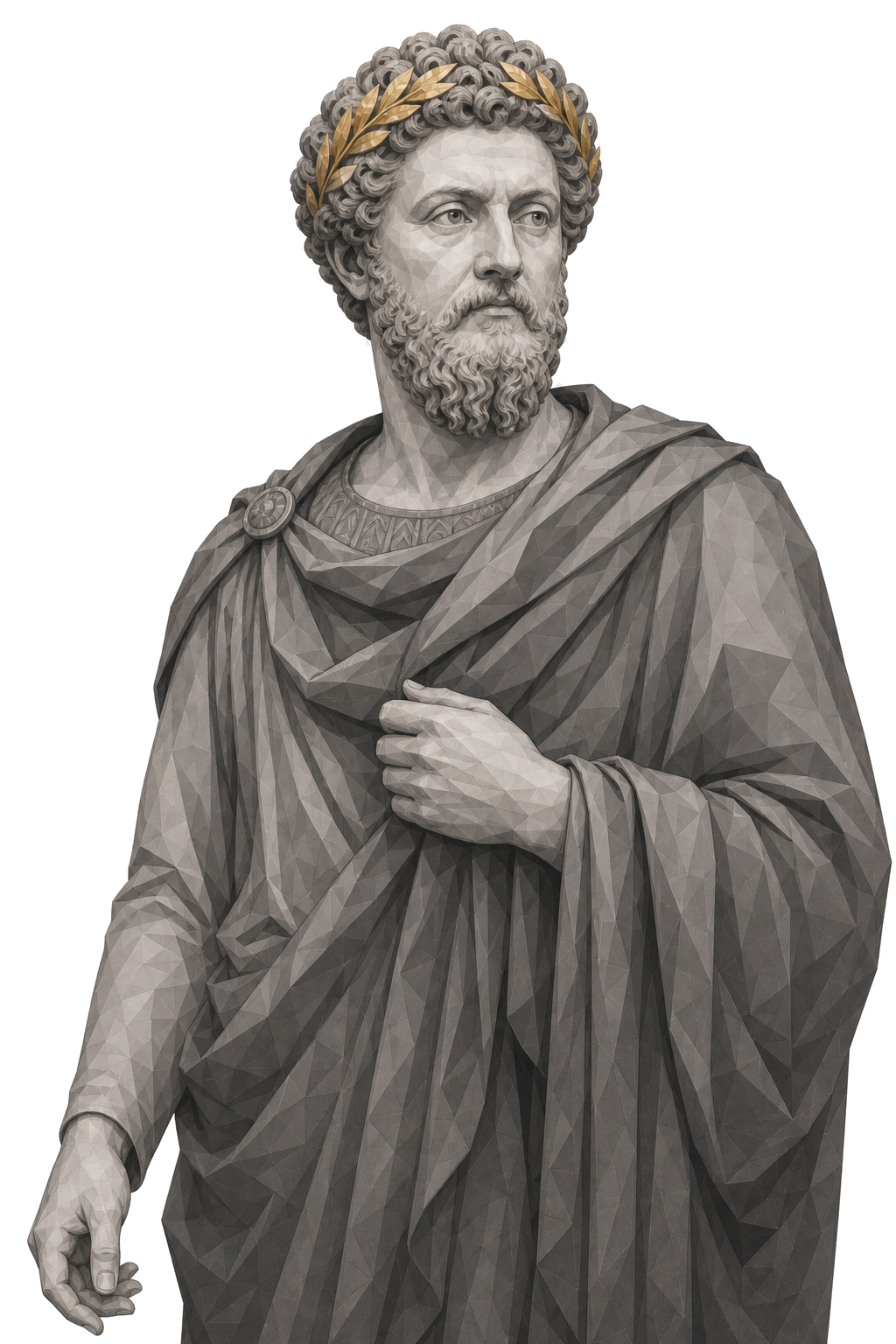 Marcus Aurelius in a three-quarter shaded warm-grey editorial portrait, wearing a restrained muted-gold laurel crown.