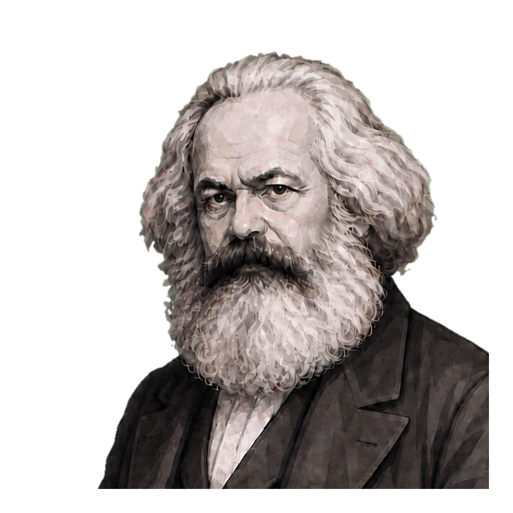 Karl Marx in a shaded warm-grey editorial portrait, holding a closed charcoal political pamphlet marked with a gold five-pointed star.