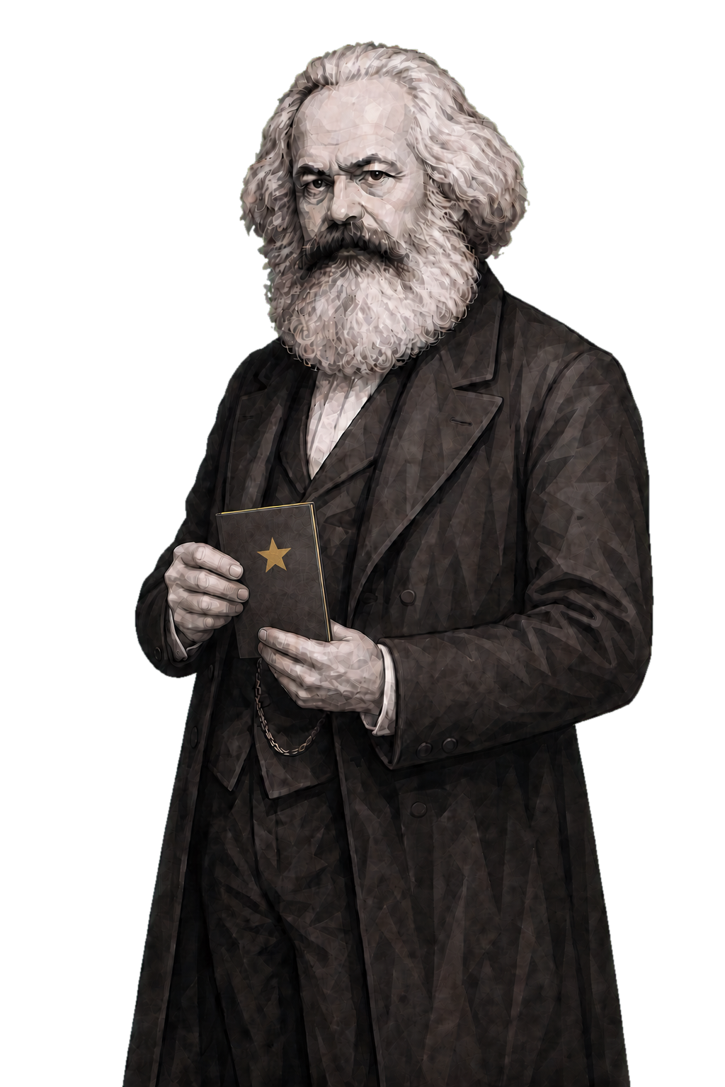 Karl Marx in a shaded warm-grey editorial portrait, holding a closed charcoal political pamphlet marked with a gold five-pointed star.