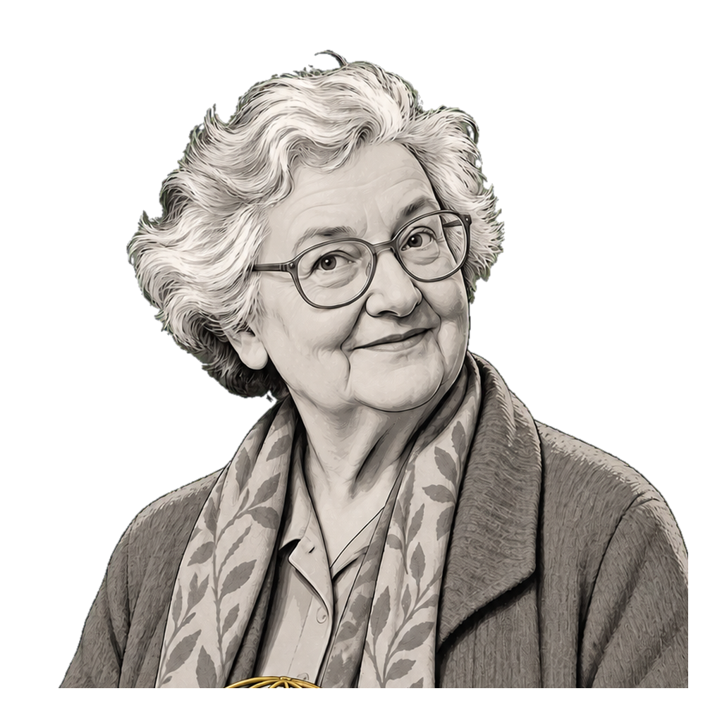 Mary Midgley in a shaded warm-grey editorial portrait, cradling a small muted-gold wire atlas in both hands.