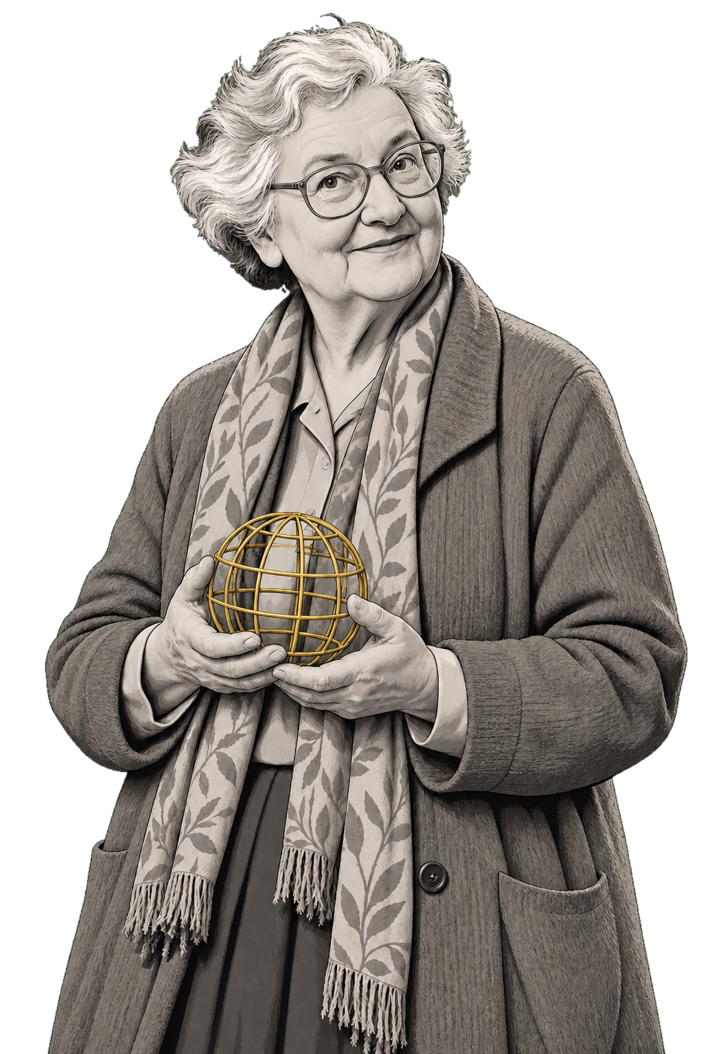 Mary Midgley in a shaded warm-grey editorial portrait, cradling a small muted-gold wire atlas in both hands.