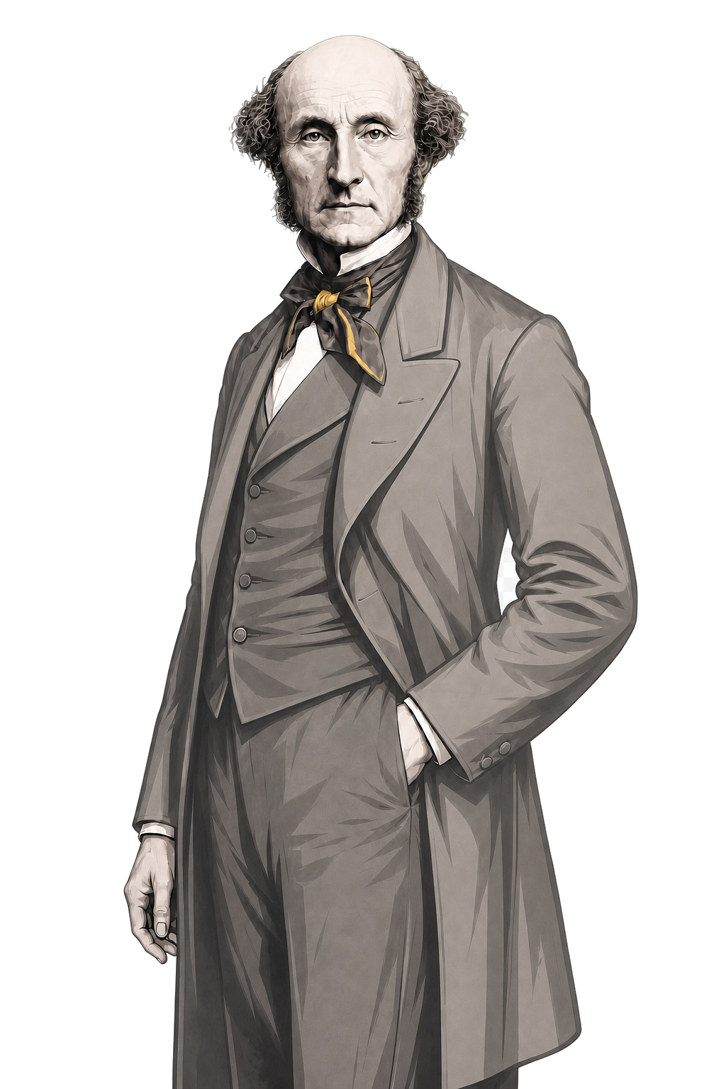 John Stuart Mill opens a book as one muted-gold line escapes its uniform margin.