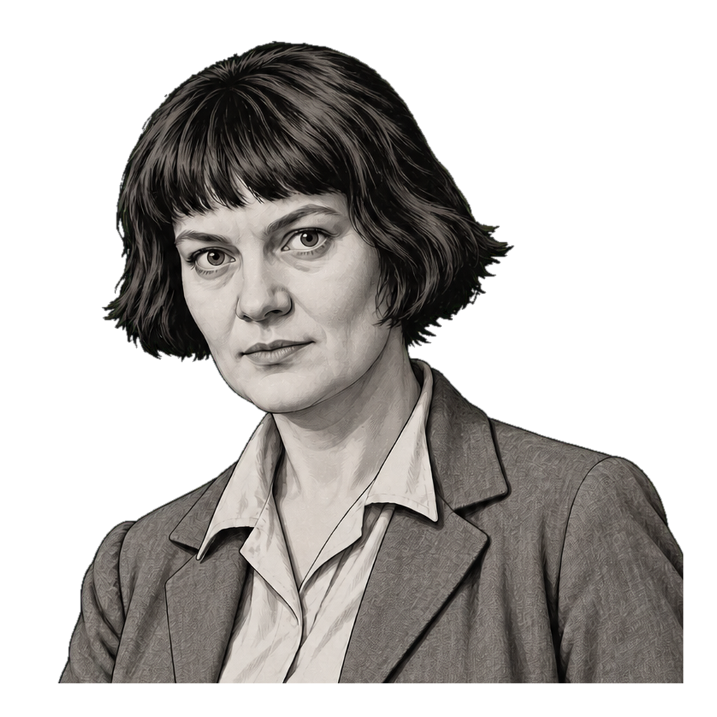 Iris Murdoch in a shaded warm-grey editorial portrait, holding a closed book marked by a simple muted-gold bell.