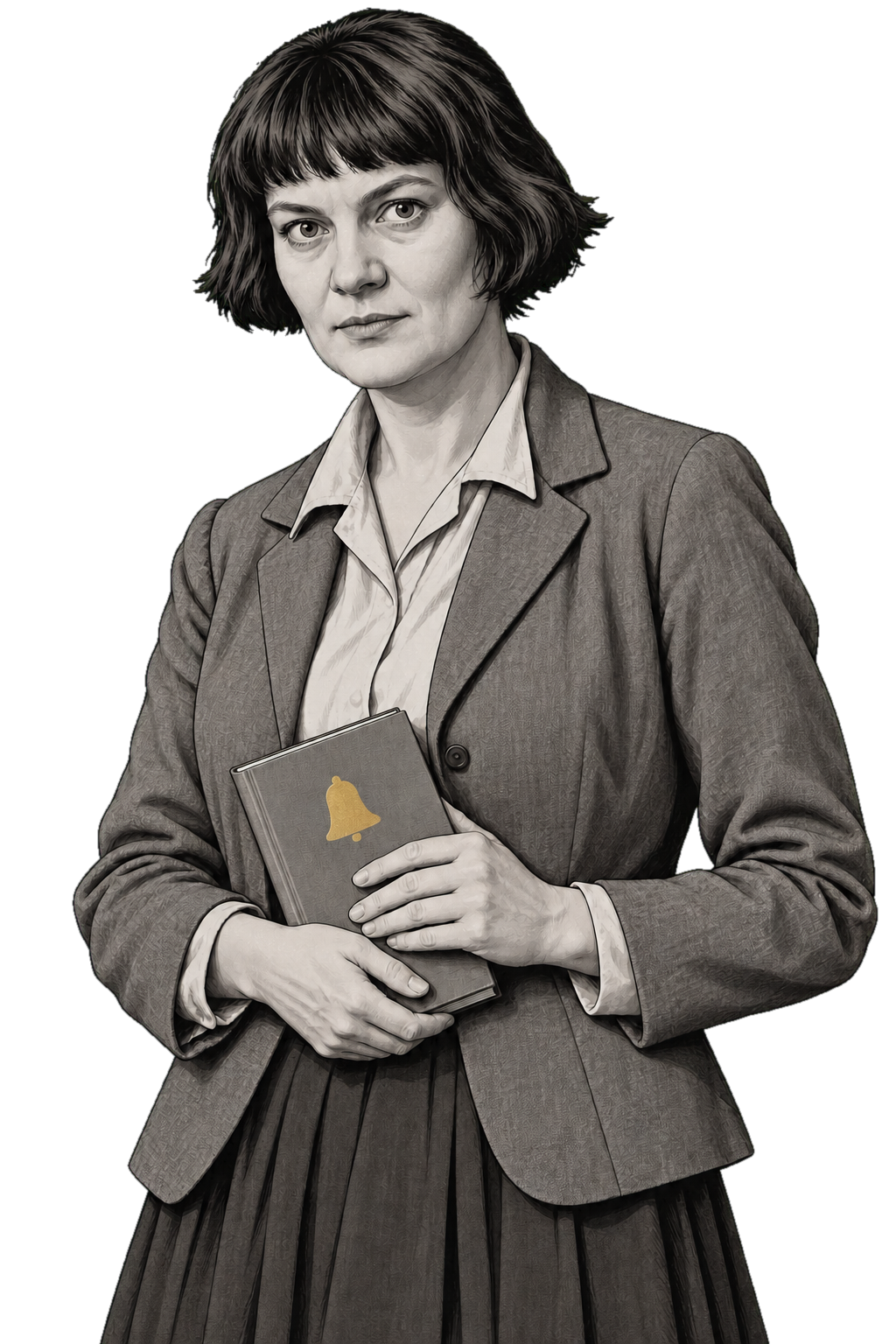 Iris Murdoch in a shaded warm-grey editorial portrait, holding a closed book marked by a simple muted-gold bell.