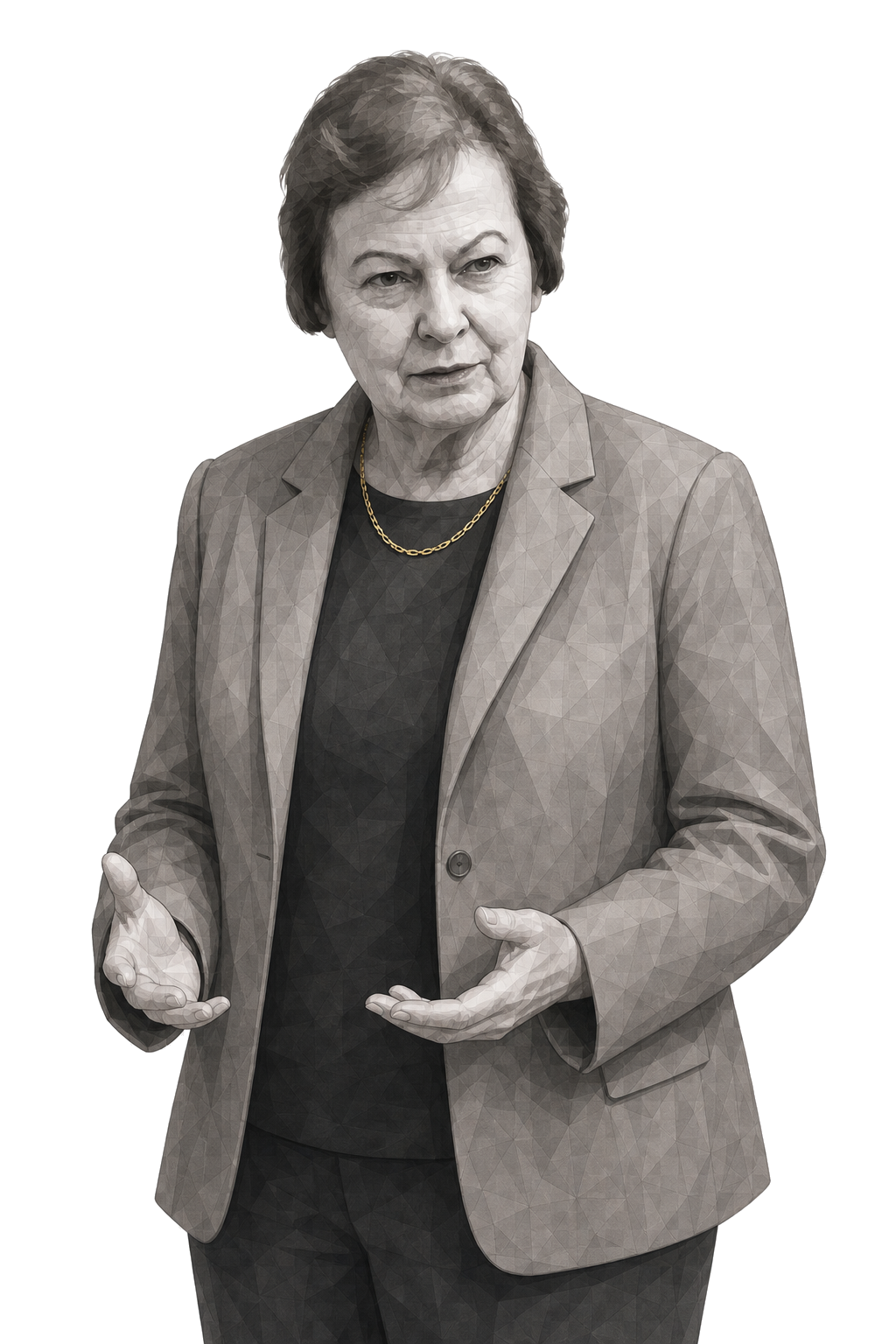 Nel Noddings in a three-quarter shaded warm-grey editorial portrait, wearing a simple muted-gold necklace with both hands open in conversation.
