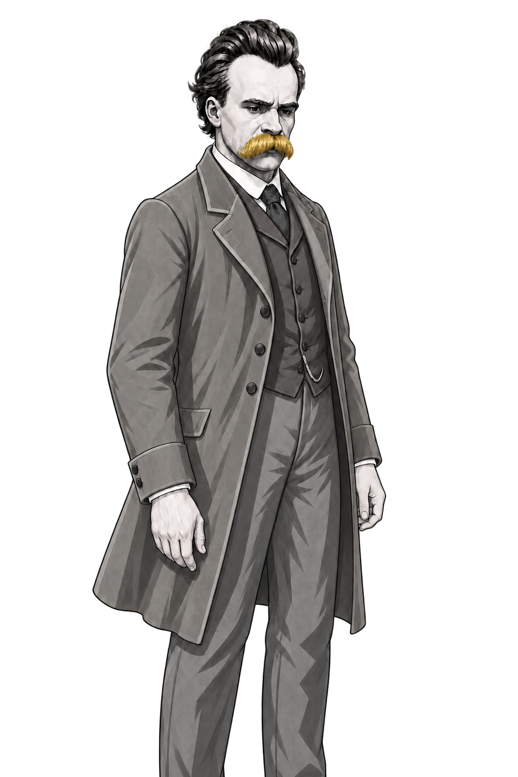 Friedrich Nietzsche tests a cracked tablet with a hammer and one muted-gold fracture line.