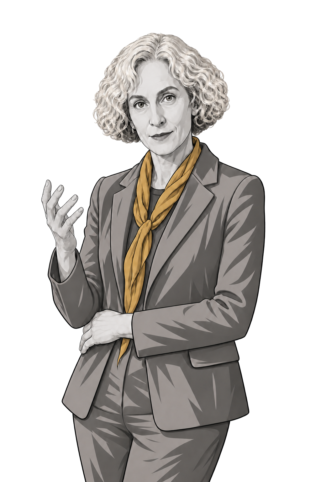 Martha Nussbaum opens her hands across one muted-gold threshold, without an enclosing frame.