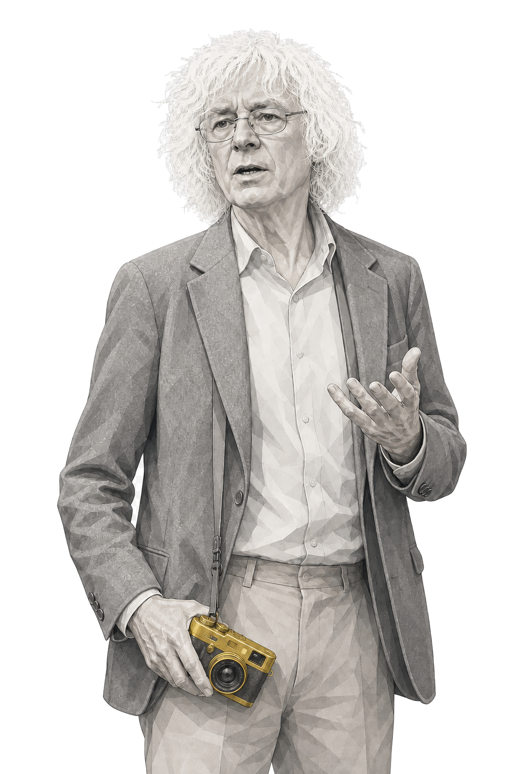 Parfit in a shaded warm-grey editorial portrait, carrying a muted-gold rangefinder camera low at his hip.