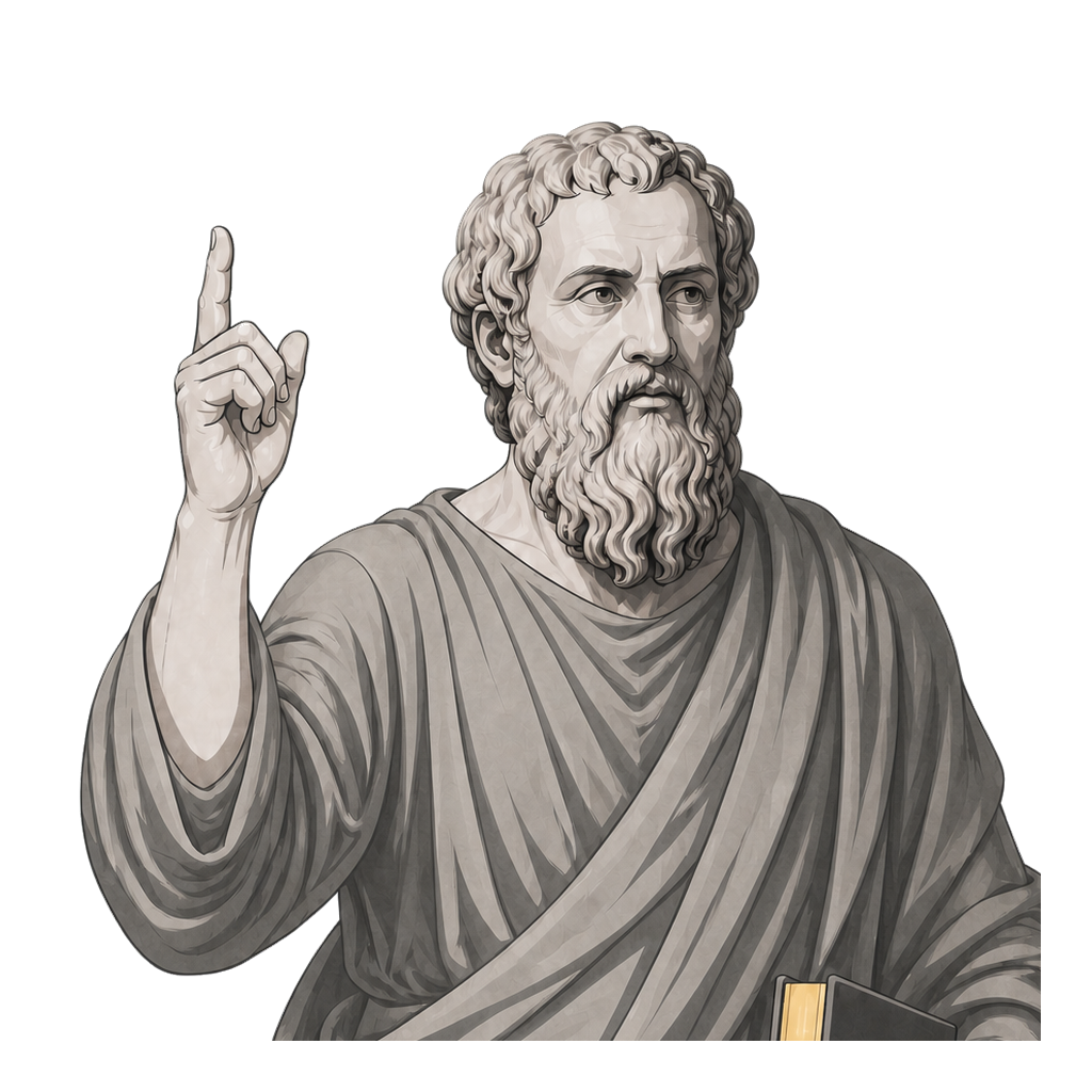 Plato in a shaded warm-grey editorial portrait, pointing upward and holding a closed book with a muted-gold spine.