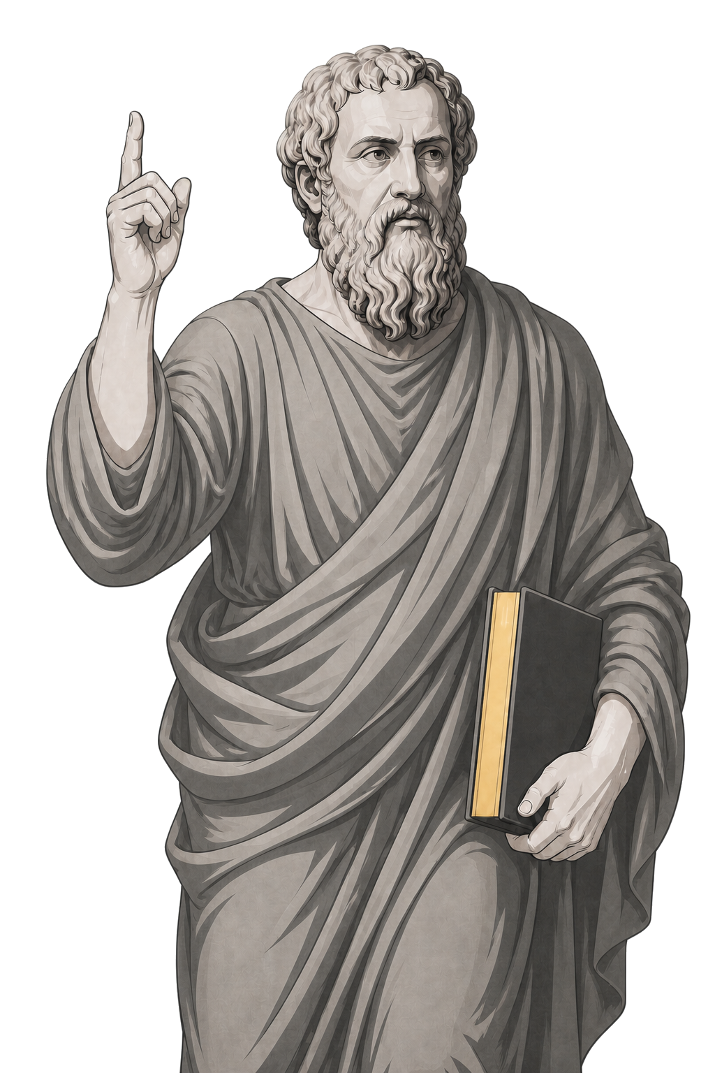 Plato in a shaded warm-grey editorial portrait, pointing upward and holding a closed book with a muted-gold spine.