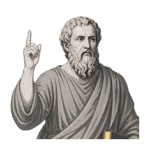 Plato in a shaded warm-grey editorial portrait, pointing upward and holding a closed book with a muted-gold spine.