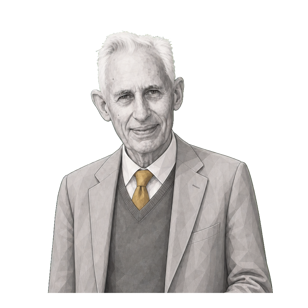 Richard Swinburne in a shaded warm-grey editorial portrait, explaining with one open hand while wearing a narrow muted-gold tie.
