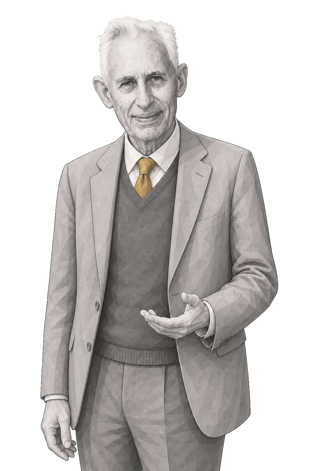 Richard Swinburne in a shaded warm-grey editorial portrait, explaining with one open hand while wearing a narrow muted-gold tie.