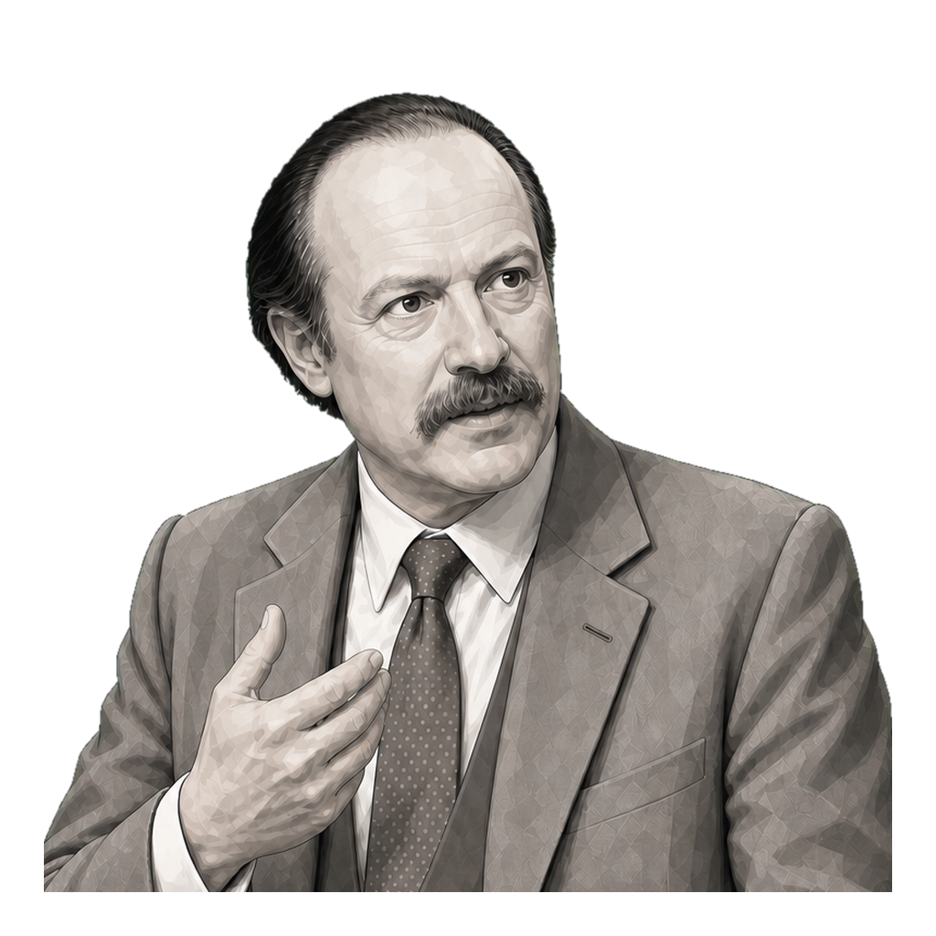 Robert C. Solomon in a shaded warm-grey editorial portrait, teaching with two lively gestures and one muted-gold cufflink.