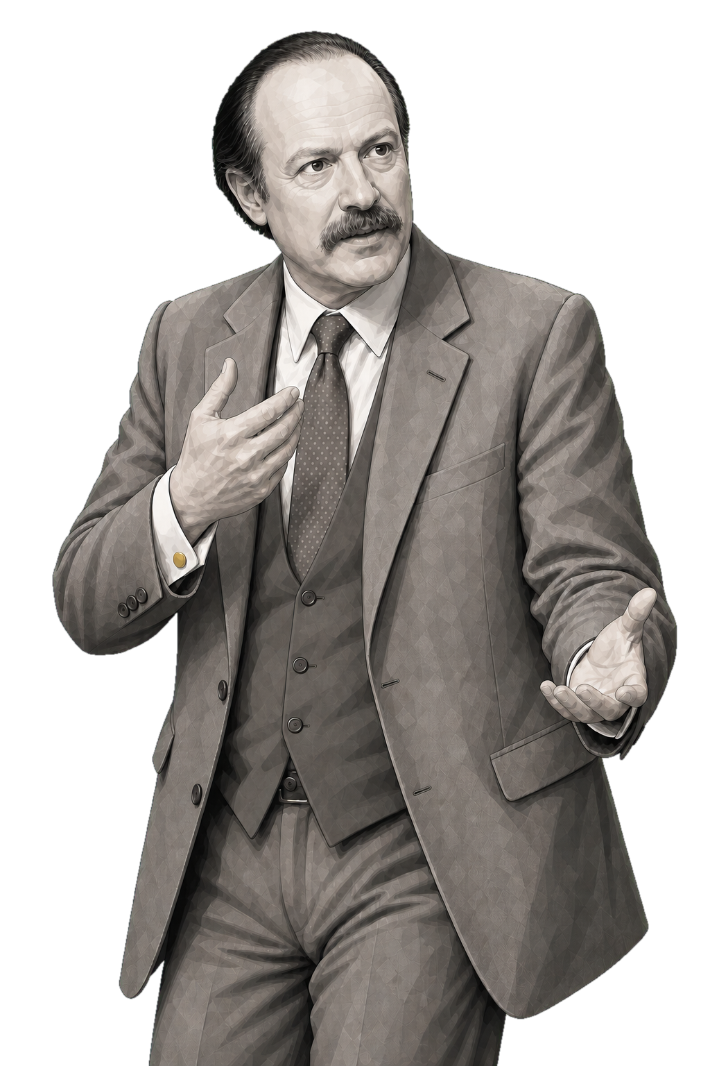 Robert C. Solomon in a shaded warm-grey editorial portrait, teaching with two lively gestures and one muted-gold cufflink.