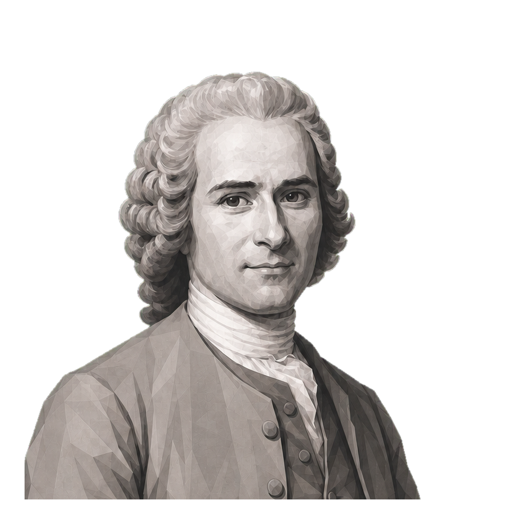 Jean-Jacques Rousseau in a shaded warm-grey editorial portrait, supporting a compact muted-gold botanical sprig on his open palm.