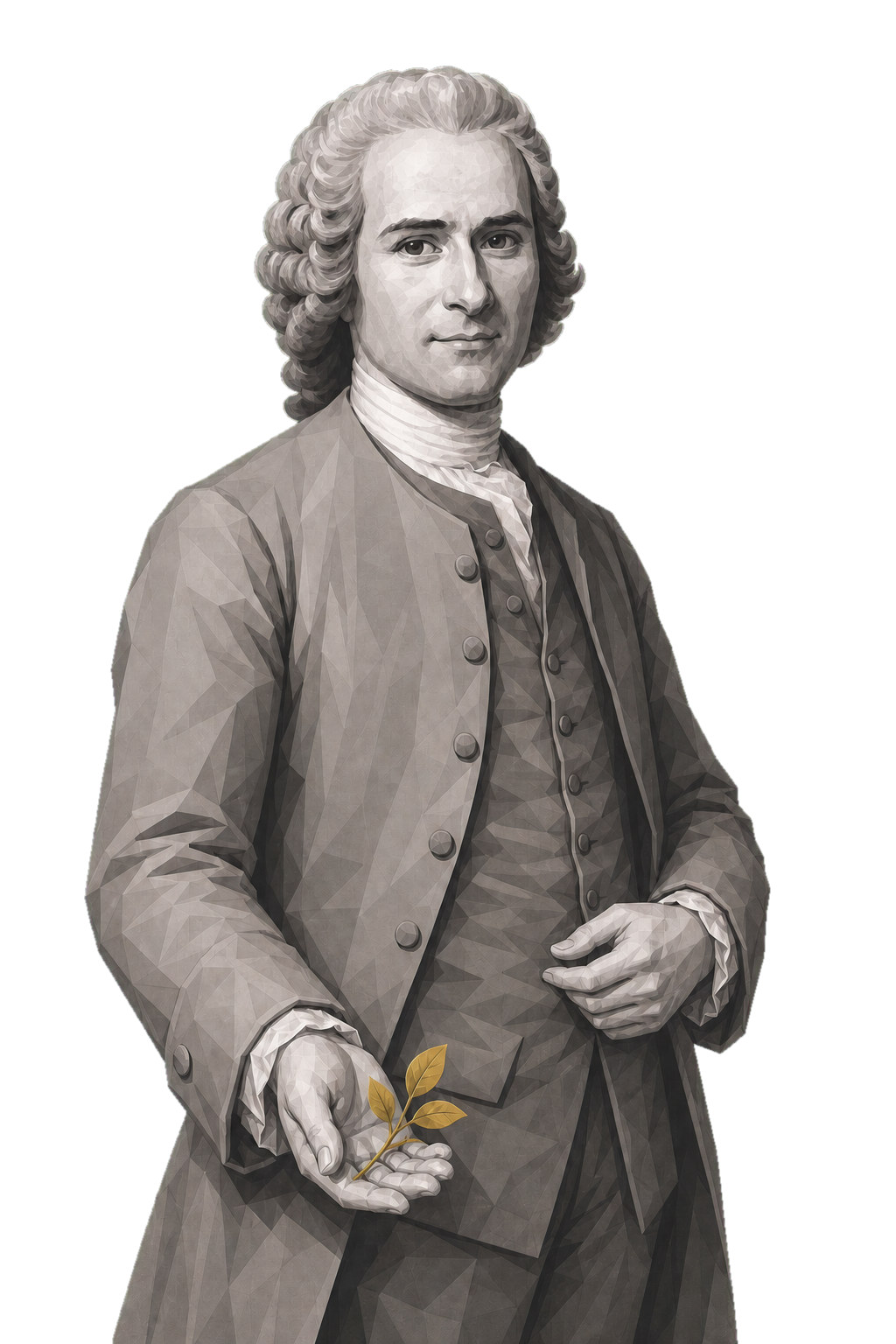 Jean-Jacques Rousseau in a shaded warm-grey editorial portrait, supporting a compact muted-gold botanical sprig on his open palm.