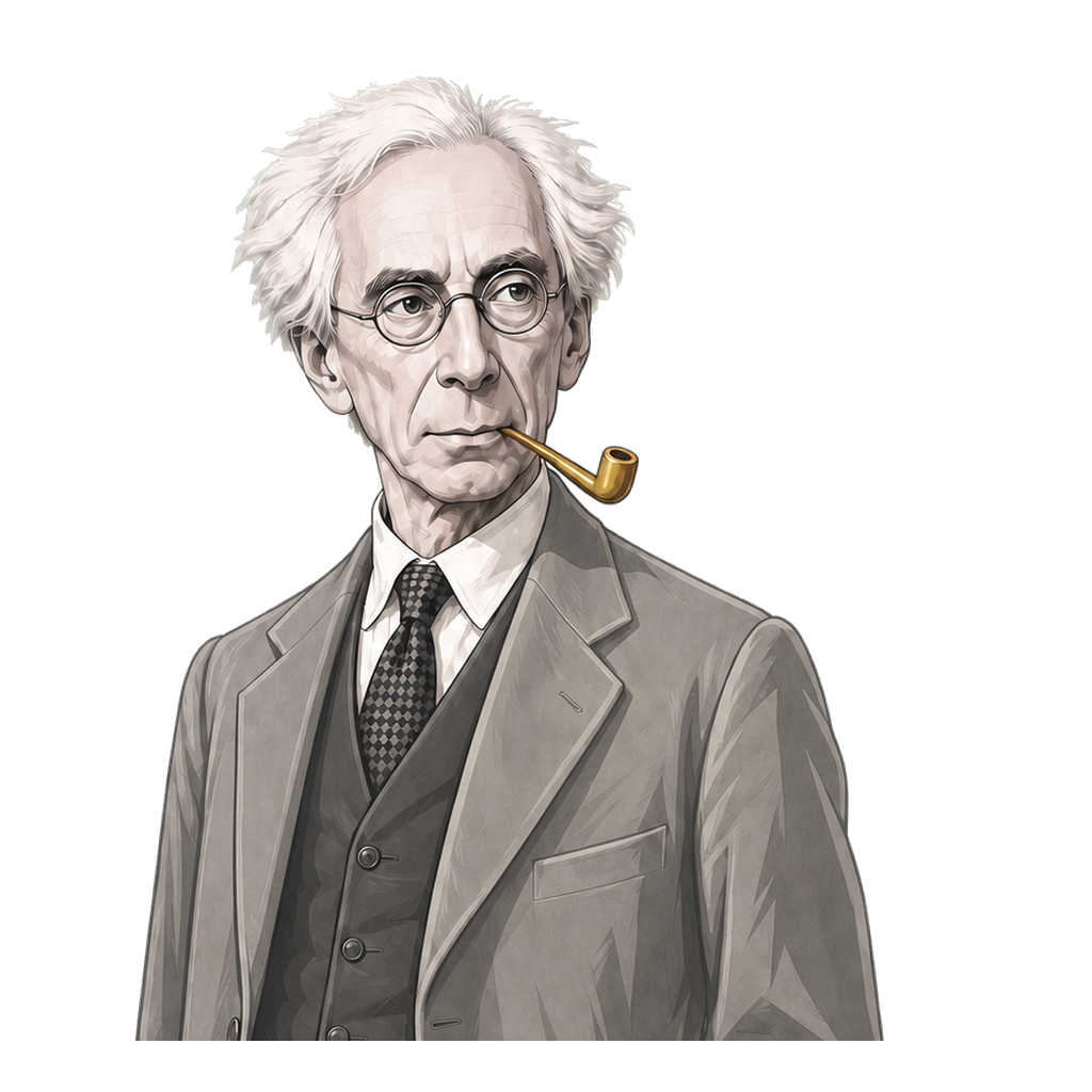 Russell in a shaded warm-grey editorial portrait, standing naturally with a bent muted-gold pipe.