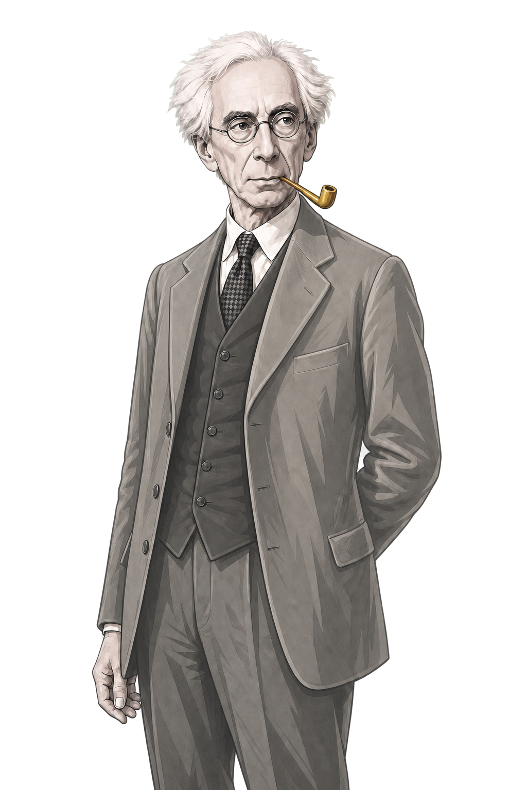 Russell in a shaded warm-grey editorial portrait, standing naturally with a bent muted-gold pipe.