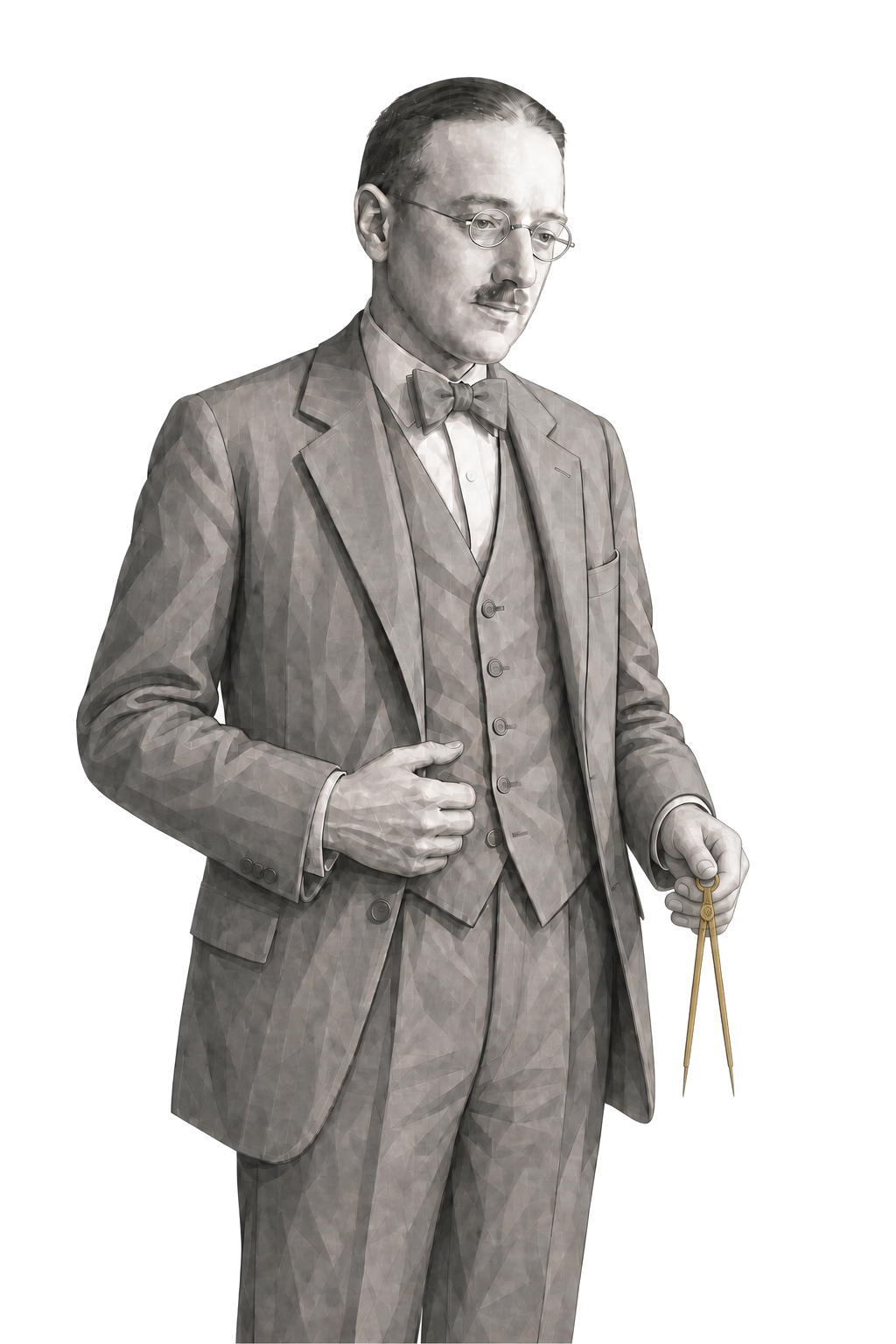 Ryle in a shaded warm-grey editorial portrait, holding a long muted-gold drafting compass securely beside his hip.