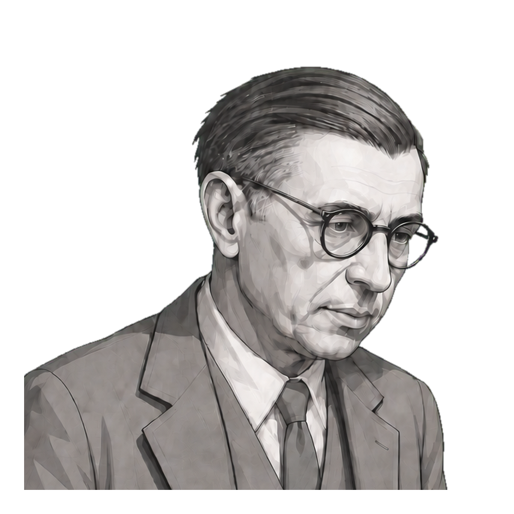Sartre in a shaded warm-grey editorial portrait, holding a small muted-gold cup of coffee.