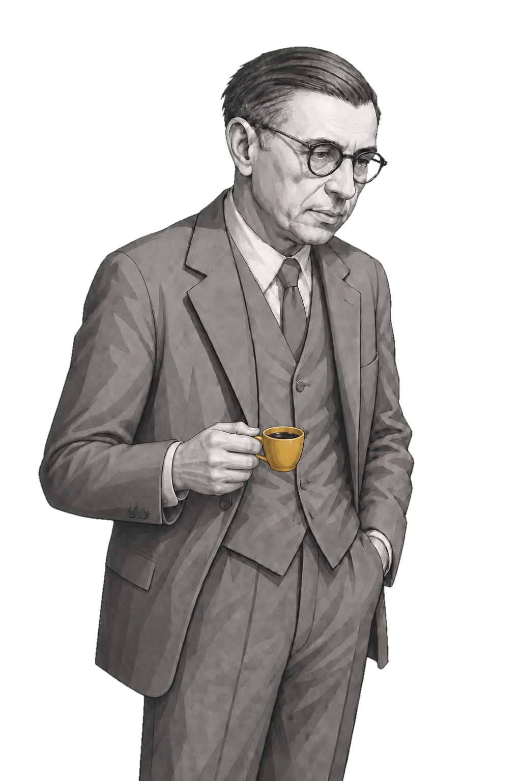Sartre in a shaded warm-grey editorial portrait, holding a small muted-gold cup of coffee.
