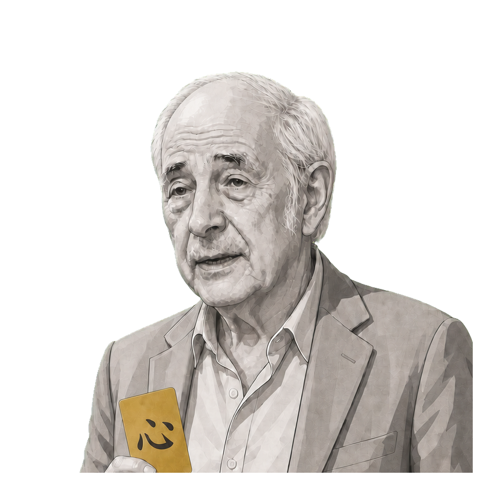Searle in a shaded warm-grey editorial portrait, holding a muted-gold card marked with the dark Chinese character for heart-mind.