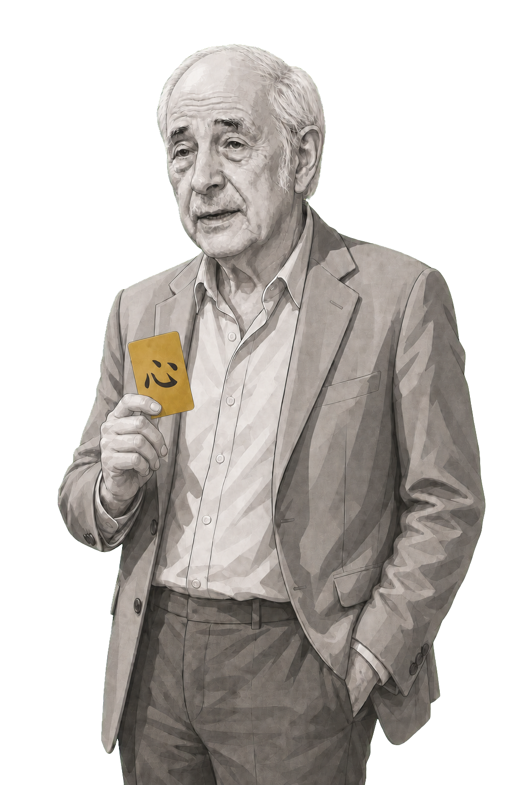 Searle in a shaded warm-grey editorial portrait, holding a muted-gold card marked with the dark Chinese character for heart-mind.