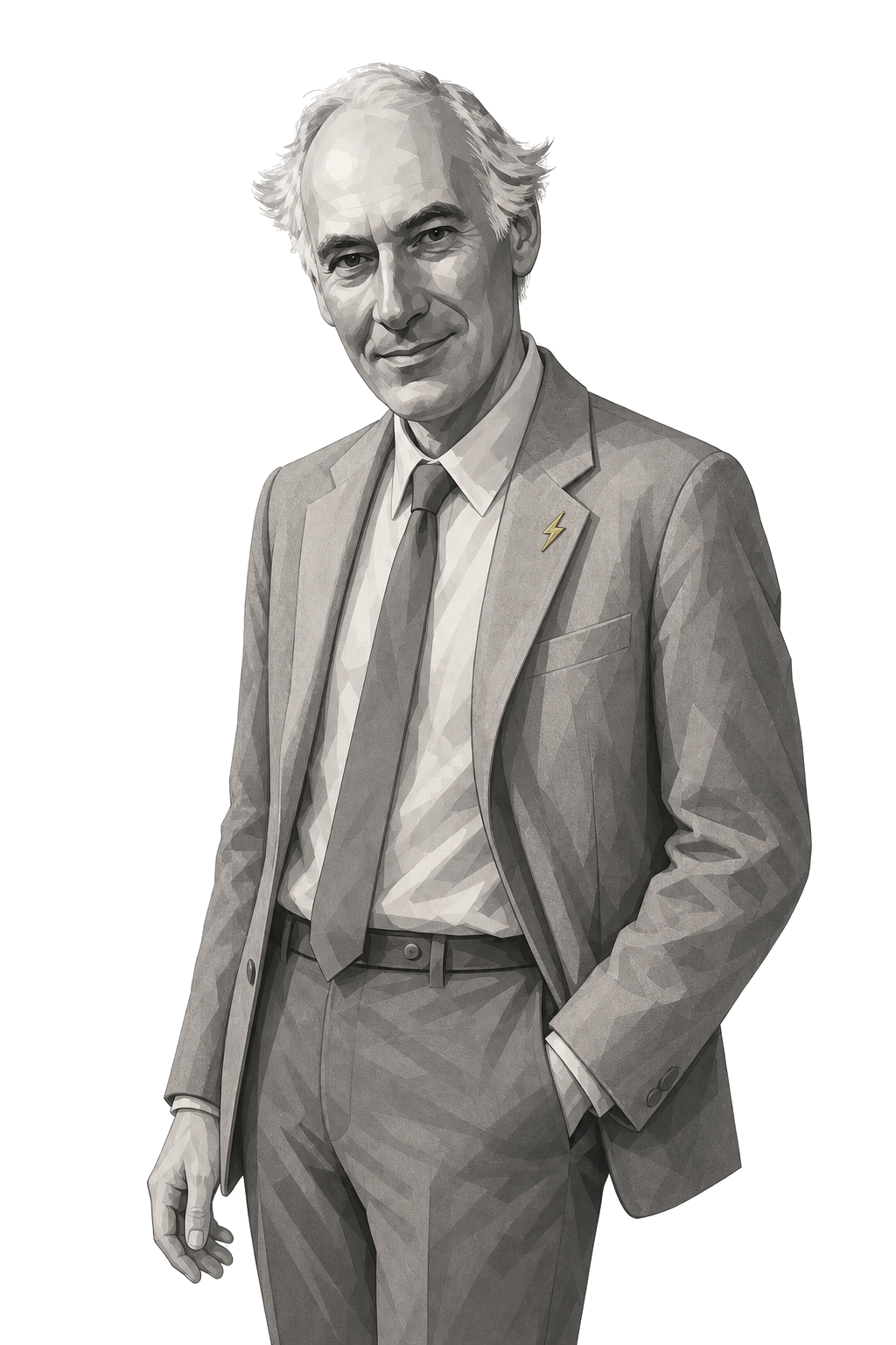 Smart in a shaded warm-grey editorial portrait, standing informally with a small muted-gold lightning-bolt pin.