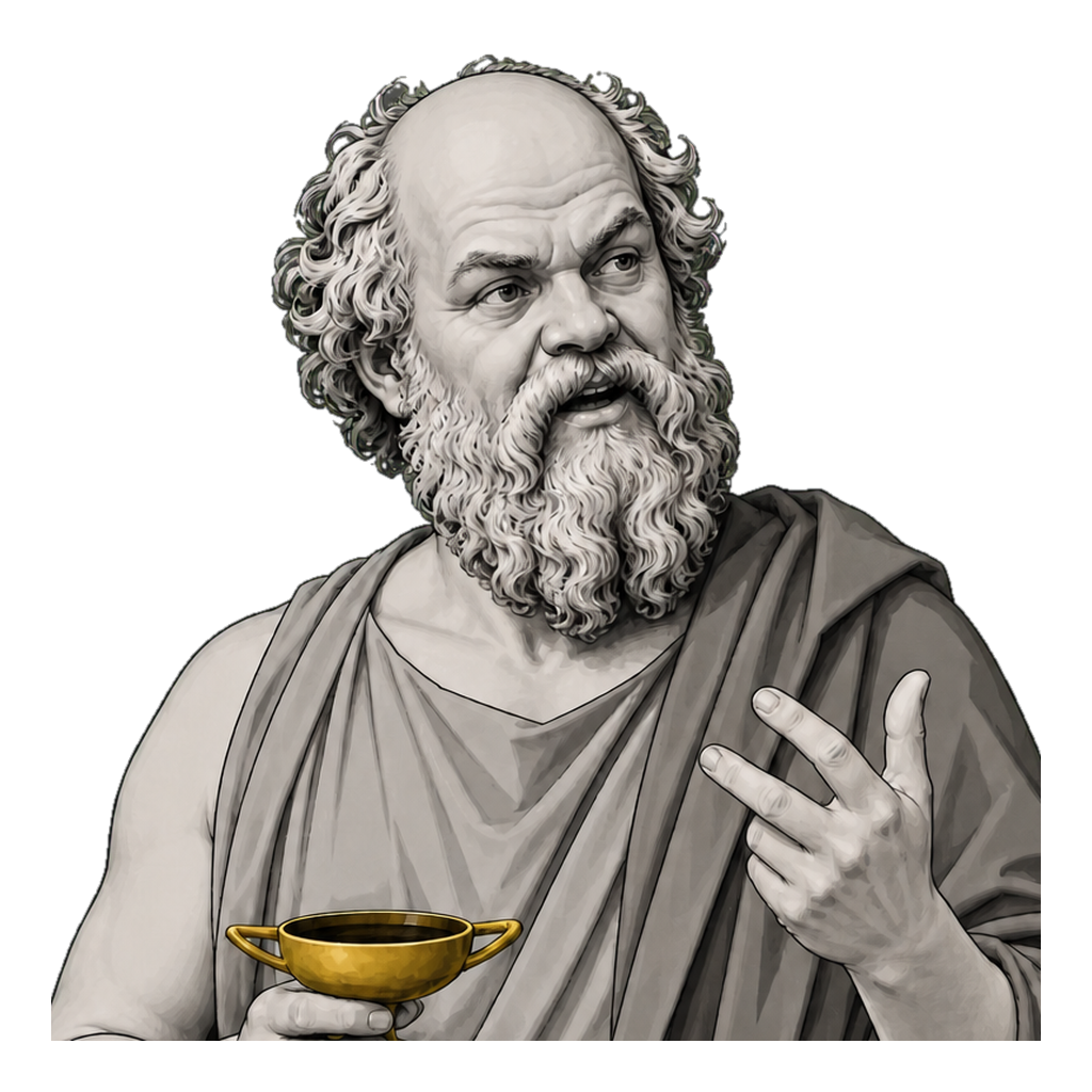 Socrates in a shaded warm-grey editorial portrait, gesturing through an argument while holding a shallow muted-gold hemlock cup.