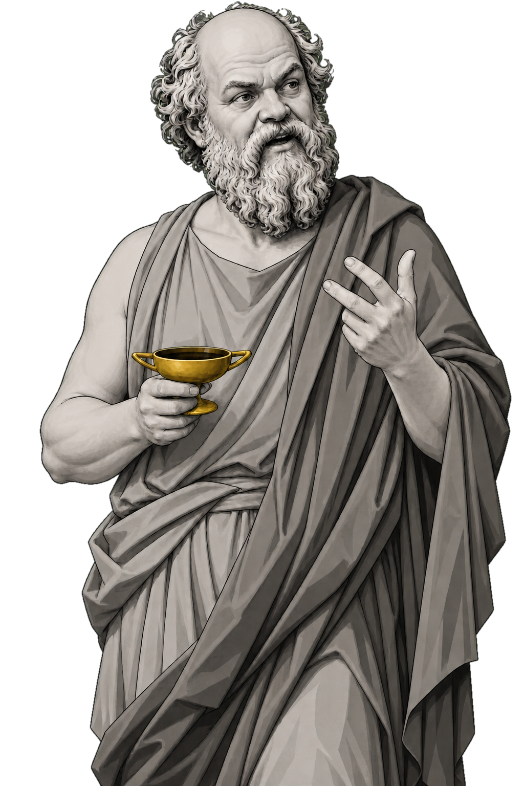 Socrates in a shaded warm-grey editorial portrait, gesturing through an argument while holding a shallow muted-gold hemlock cup.