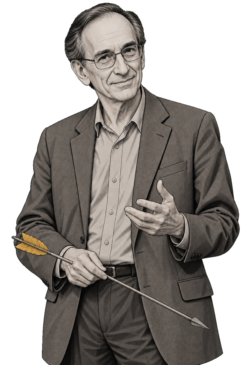 Ernest Sosa in a shaded warm-grey editorial portrait, holding an arrow low with its fletching rendered muted gold.