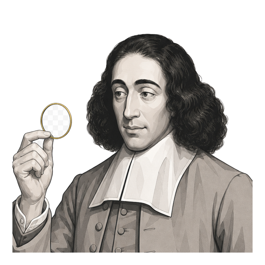 Spinoza in a shaded warm-grey editorial portrait, holding a clear optical lens by its thin muted-gold rim.