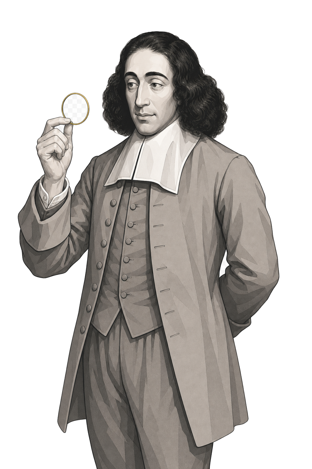 Spinoza in a shaded warm-grey editorial portrait, holding a clear optical lens by its thin muted-gold rim.