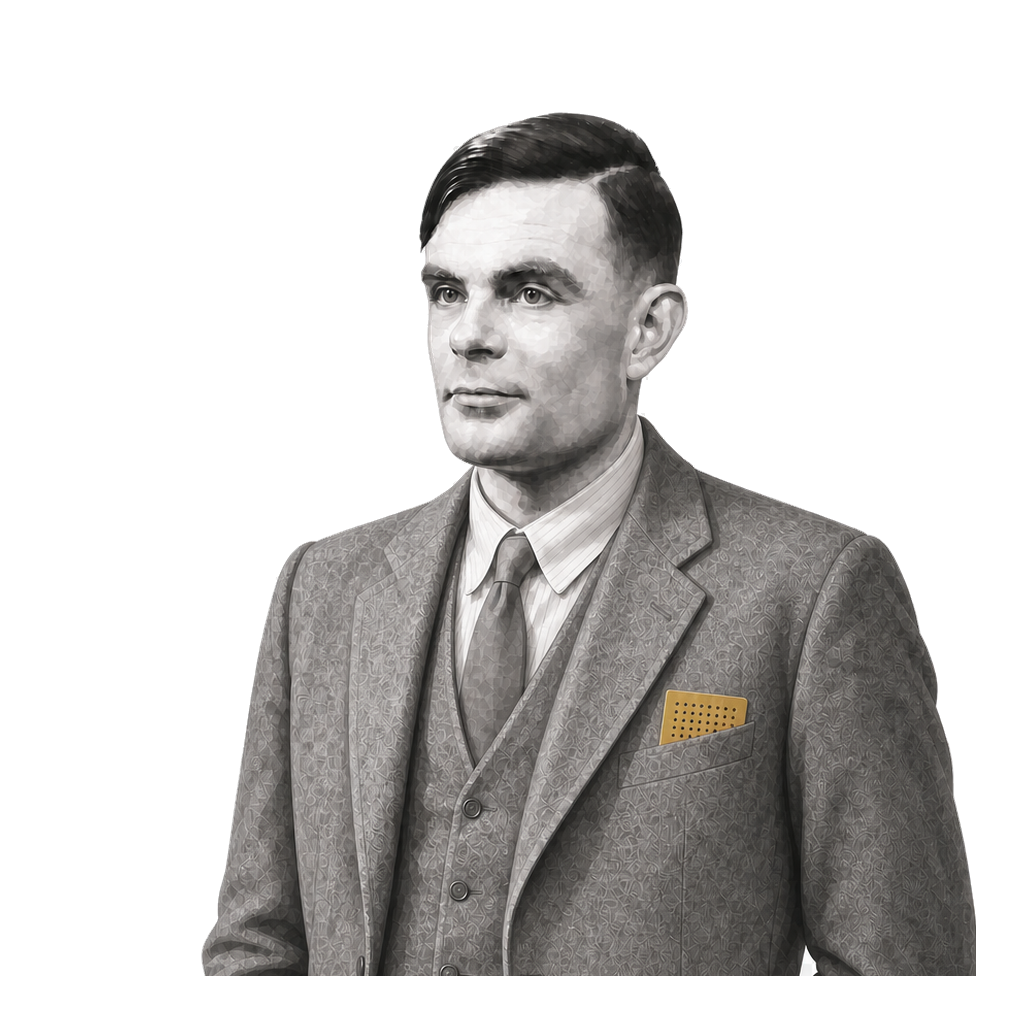 Turing in a shaded warm-grey editorial portrait, wearing a punched muted-gold data card in his breast pocket.
