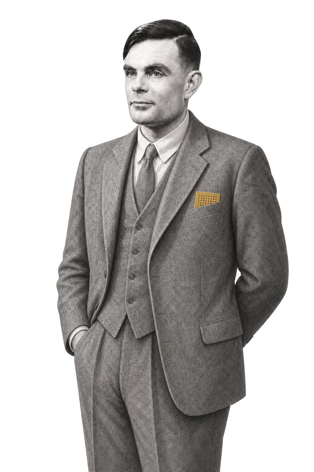 Turing in a shaded warm-grey editorial portrait, wearing a punched muted-gold data card in his breast pocket.