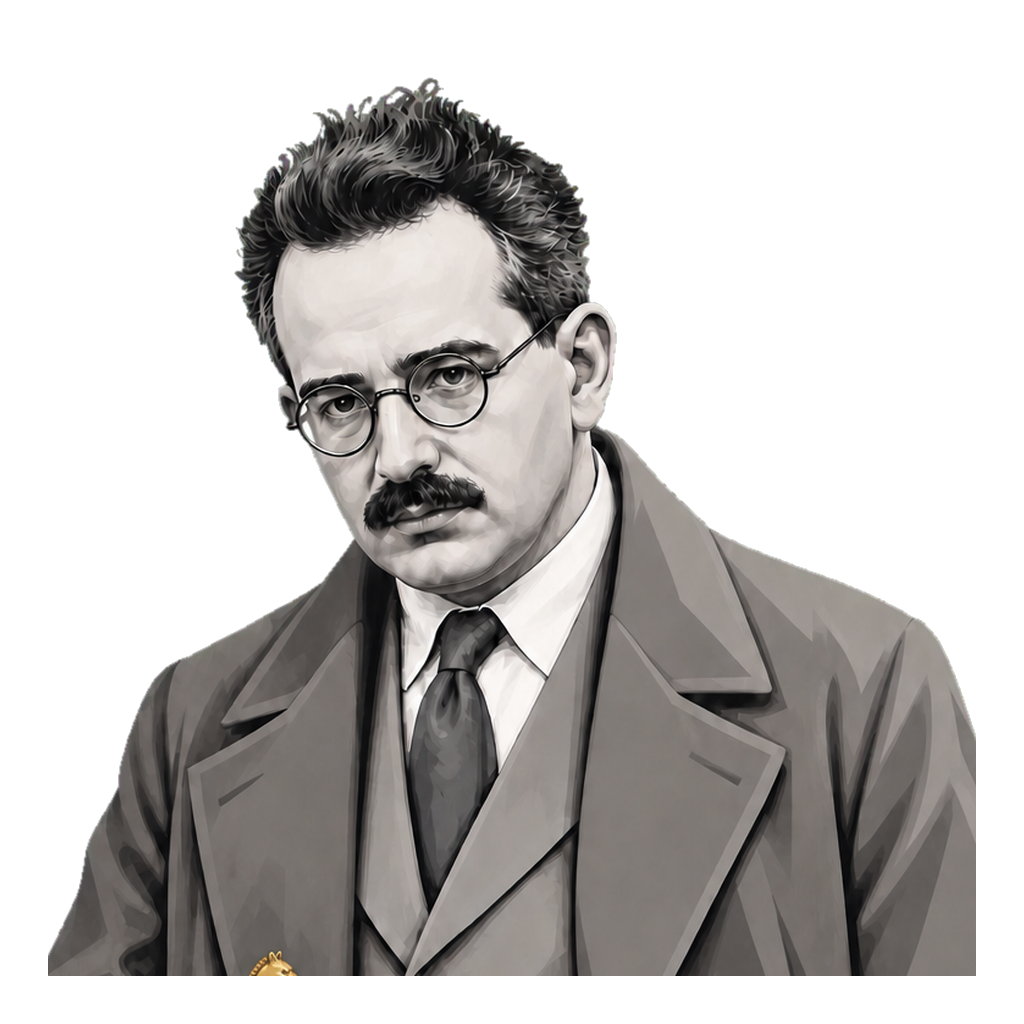 Walter Benjamin in a shaded warm-grey editorial portrait, holding a small muted-gold chess knight naturally in his open palm.