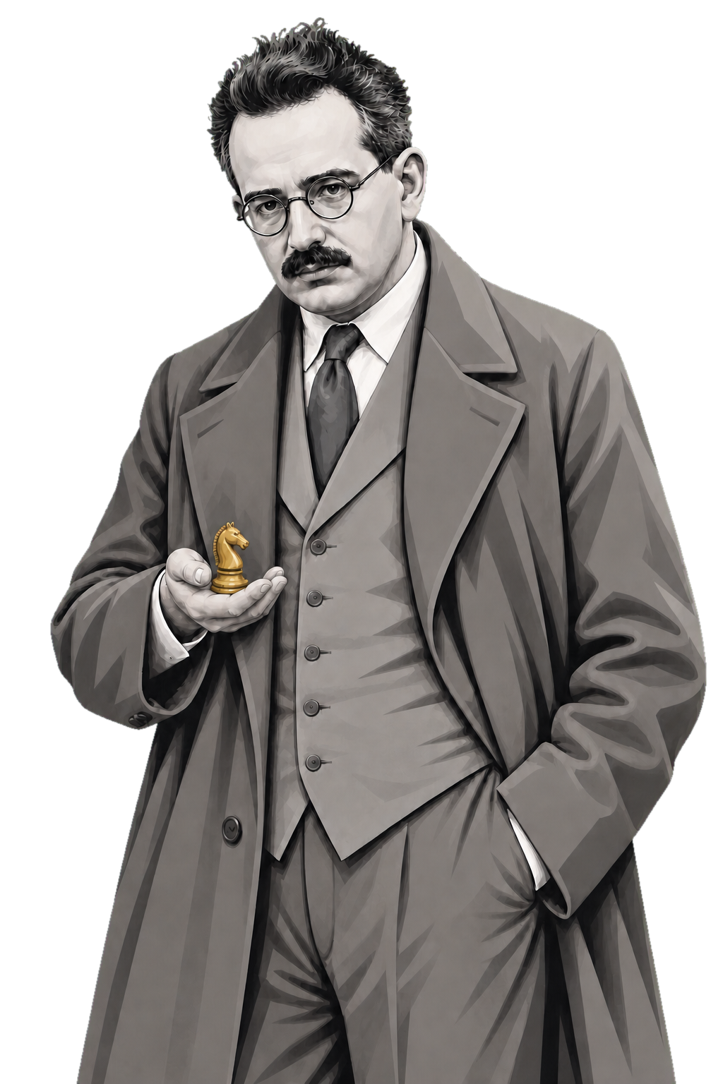 Walter Benjamin in a shaded warm-grey editorial portrait, holding a small muted-gold chess knight naturally in his open palm.