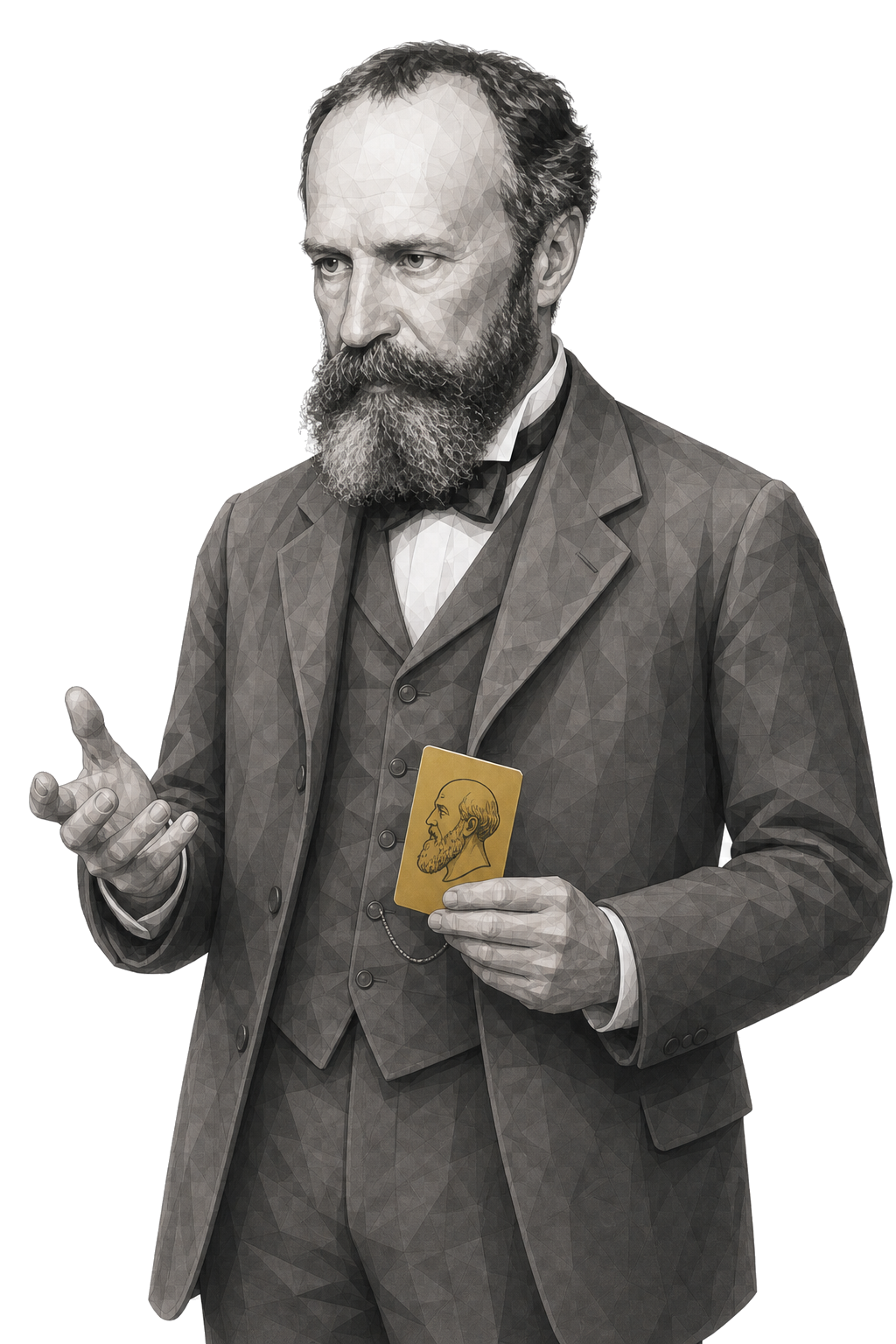 William James in a three-quarter shaded warm-grey editorial portrait, holding a muted-gold tarot card bearing a line portrait of Socrates.