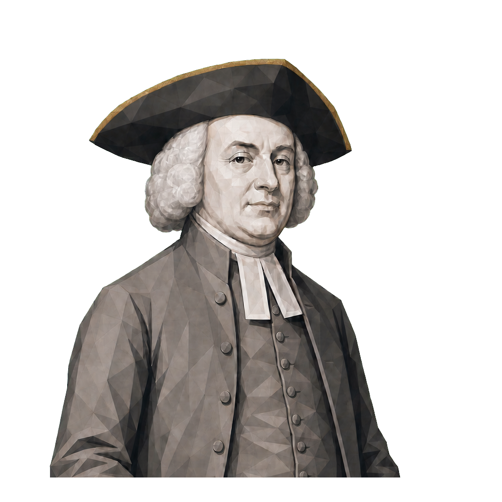 William Paley in a shaded warm-grey editorial portrait, steadying a muted-gold pocket watch beneath a dark tricorne with muted-gold edging.